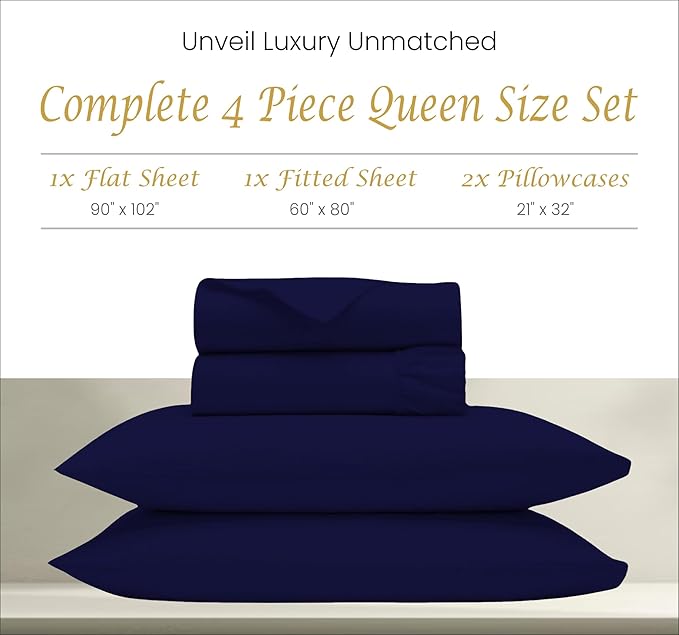 Cotton Sheets Queen Size Set - 1000 Thread Count Best Egyptian Cotton Sheets - 4 Piece Queen Sheet Set, 18" Deep Pocket Queen Bed Sheets Set - Soft Sateen Cooling Bedding Set, Navy Blue - LeafyLoom