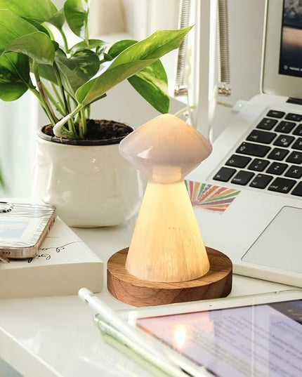 JIC Gem USB Selenite Lamp White Mushroom Small Selenite Crystal Lamp 3.1 Inch with Wooden Light Stand Base - LeafyLoom
