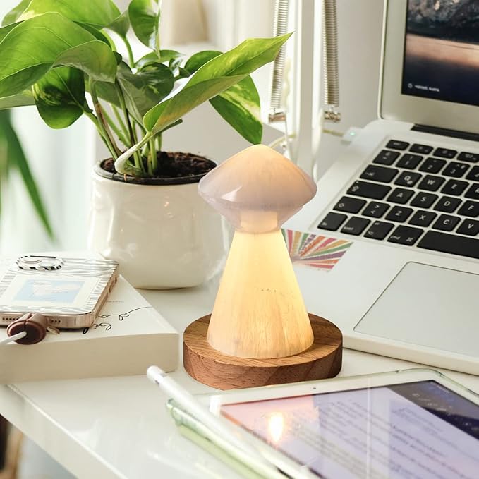 JIC Gem USB Selenite Lamp White Mushroom Small Selenite Crystal Lamp 3.1 Inch with Wooden Light Stand Base - LeafyLoom