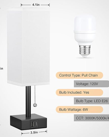 White Small Table Lamp for Bedroom - 3 Color Temperature 3000K 5000K 4000K Bedside Lamp, Pull Chain Control, USB A and C Charging Ports, Black Base, for Kids Office Dorm Nightstand, Bulb Included - LeafyLoom