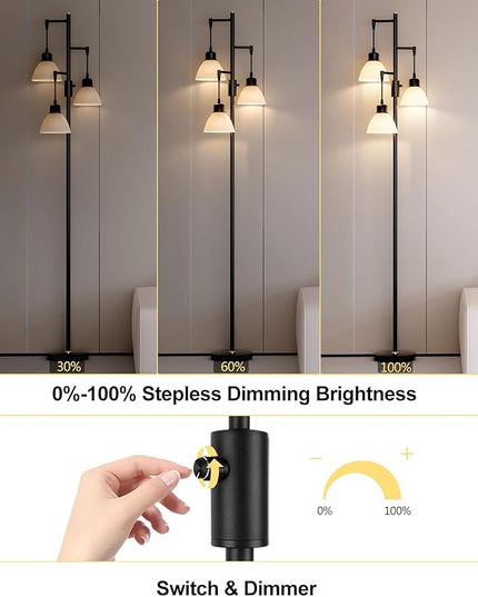 Lightdot 67IN Dimmable (Brightness Adjustable) Tree Floor Lamp, Industrial Standing Lamps with E26 LED Bulbs Included, 3 Lights Black Pole Tall Lamps for Living Room Bedroom Office - LeafyLoom