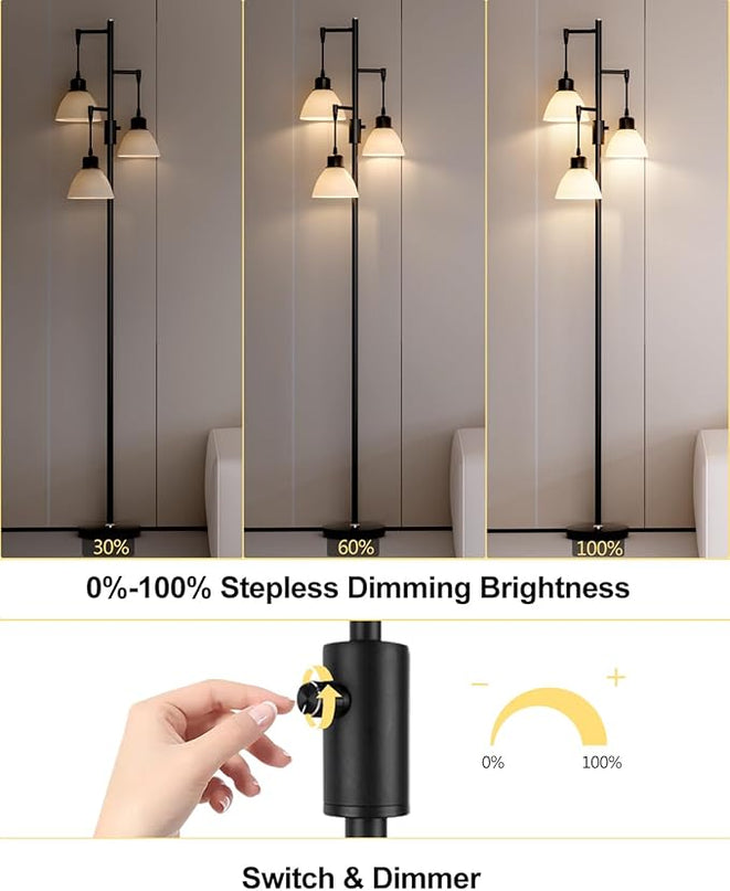 Lightdot 67IN Dimmable (Brightness Adjustable) Tree Floor Lamp, Industrial Standing Lamps with E26 LED Bulbs Included, 3 Lights Black Pole Tall Lamps for Living Room Bedroom Office - LeafyLoom