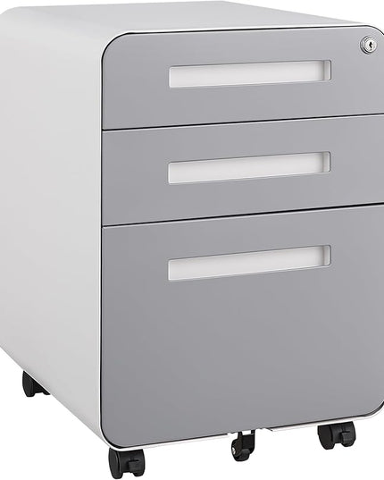 3 Drawer Mobile Desk Office with Lock and Wheels,Versatile Storage Cabinets w/Anti-Tilting Cold Rolled Steel Waterproof Moisture-Proof,for Legal/Letter/A4 Files,White+Gray - LeafyLoom