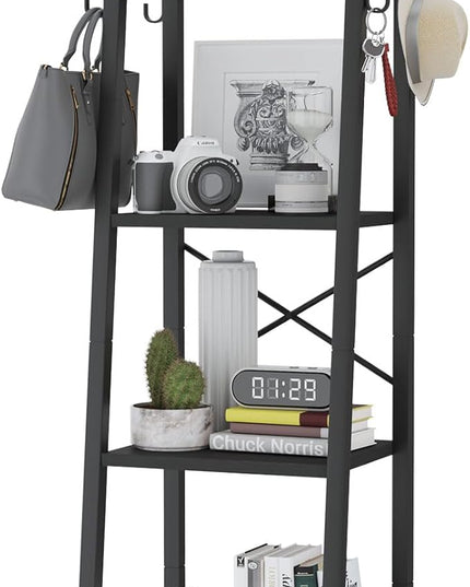YMYNY 4 Tiers Ladder Bookcase, Industrial Narrow Bookshelf, Open Display Rack with 4 S Hooks, Metal Storage Shelves for Bedroom, Home Office, Living Room, Black, 49.2H*13.4L*11.8W, UHBC024B - LeafyLoom