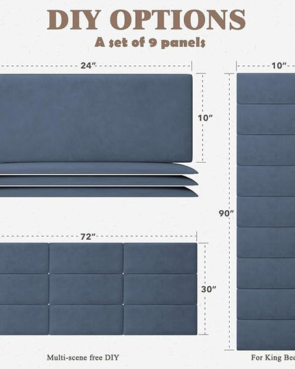 Queen Headboard, Wall Mounted Peel and Stick Headboard, Upholstered Leather Bed Headboard for Queen Size Bed, Floating Dorm Bedroom Tall Headboard Soundproof Wall Panels (9 Panels, 10"x24") - LeafyLoom