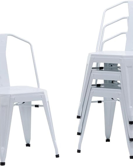 Modern Dining Chair Set of 4, Stackable Metal Chairs, Waterproof Counter Bar Chairs with High Backrest, Quick Assembly Cafe Chairs, Tolix Style for Home, Kitchen and Bar Use, White - LeafyLoom