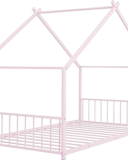 RITSU Twin Size Montessori Floor House Bed, Bedframe with Metal Slat & with Headboard and Footboard, Sturdy Construction, for Children's Room, Girls, Boys, Pink - LeafyLoom