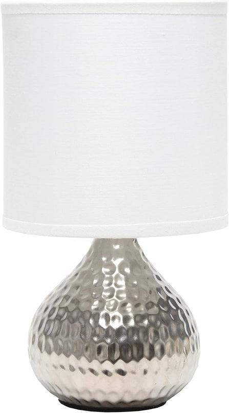 Simple Designs LT2073-SVW Mini Hammered Texture Silver Drip Table Lamp with White Shade - LeafyLoom
