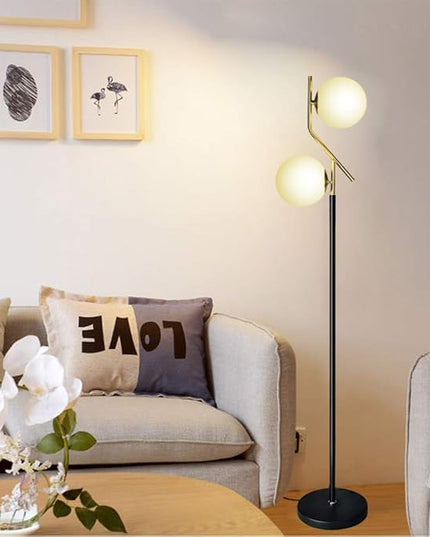 Hsyile Lighting KU300208 Modern Style Two Milky White Glass Orbs and Brass Finish Floor Lamp for Living Room,Bedroom,Office,Hotel,Light Pole and Base Black Finish - LeafyLoom