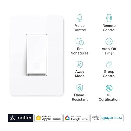 Kasa Matter Smart Light Switch: Voice Control w/Siri, Alexa & Google Assistant | UL Certified | Timer & Schedule | Easy Guided Install | Neutral Wire Required | Single Pole | 2.4GHz Wi-Fi | KS205 KasaSmartbyTP-Link