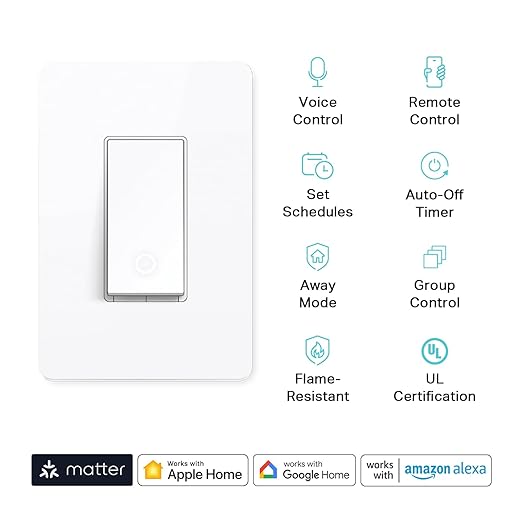 Kasa Matter Smart Light Switch: Voice Control w/Siri, Alexa & Google Assistant | UL Certified | Timer & Schedule | Easy Guided Install | Neutral Wire Required | Single Pole | 2.4GHz Wi-Fi | KS205 KasaSmartbyTP-Link