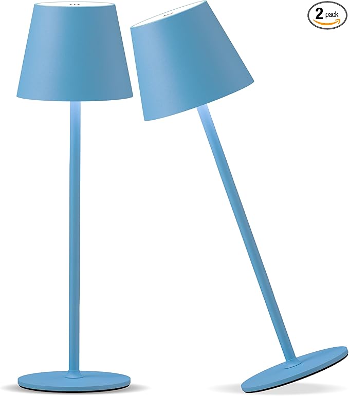 Cordless Rechargeable Table Lamp Set of 2, 5000mAh Battery Powered LED Desk Lamps, 3 Color Stepless Dimming Up, Portable Table Light Lamp for Bedroom Restaurant Outdoor (Sky Blue) - LeafyLoom