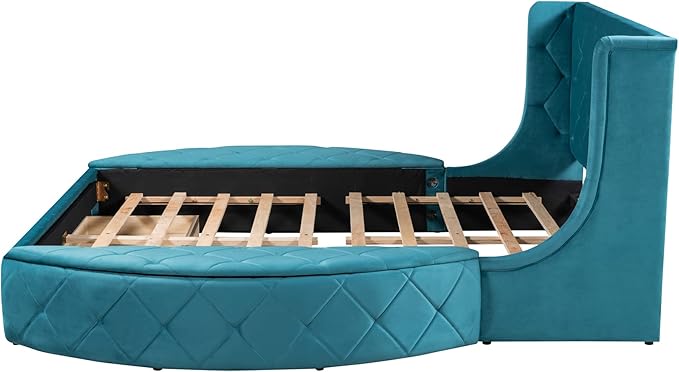 Velvet Upholstered Platform Bed Frame Queen Size with Wingback Headboard, Solid Wood Storage Bed with Spacious Drawer and Convenient Side Storage Stools, Elegant Design, Blue - LeafyLoom