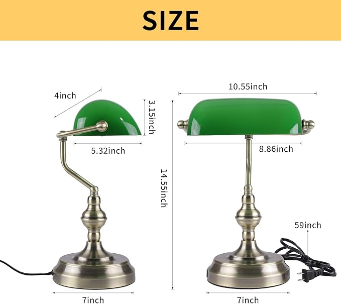 Green Glass Bankers Desk Lamp,Vintage Desk Lamp Touch Control, 3 Way Dimmable Table Lamp with USB Charging Port, Mid Century Banker's Desk Lamp for Home Office Library Antique Brass - LeafyLoom