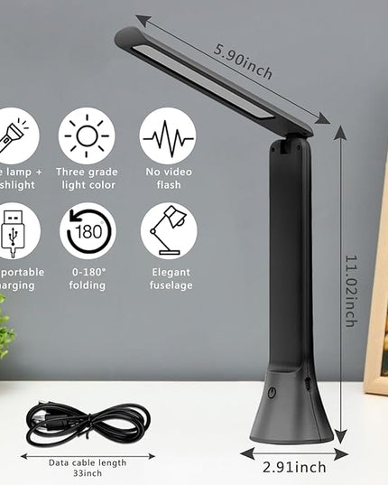 Rechargeable Desk Lamp with Flashlight Function, Battery Powered Desk Lamps for Home Office, Portable Foldable LED Desk Lamps, Cordless Desk Lamps, Small Lamps for Small Spaces, Black - LeafyLoom