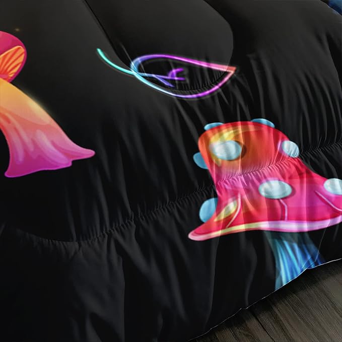 Colorful Mushroom Comforter Set Full Size Kids Mushroom Bedding Set Leaves Quilt Bed Set for Boys Girls Adults with 1 Comforter and 2 Pillowcases - LeafyLoom
