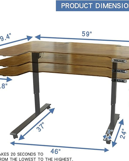Adjustable Height L-Shaped 59 Inch Electric Standing Desk - Sit Stand Computer Desk with 3 Splice Board, Lockable Casters, Stand Up Desk Table for Home Office, Black Frame and Rustic Brown Top - LeafyLoom
