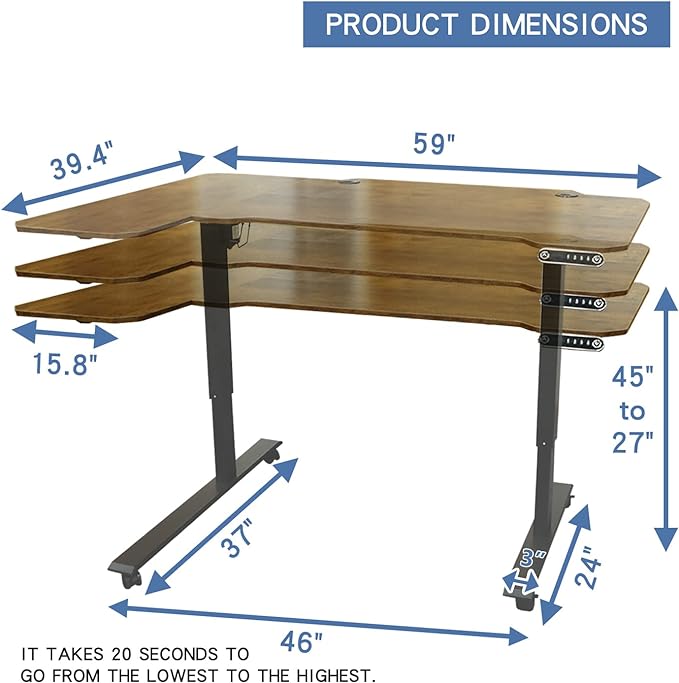 Adjustable Height L-Shaped 59 Inch Electric Standing Desk - Sit Stand Computer Desk with 3 Splice Board, Lockable Casters, Stand Up Desk Table for Home Office, Black Frame and Rustic Brown Top - LeafyLoom