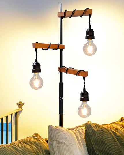 Dimmable Industrial Floor Lamp,Modern Farmhouse Tree Standing Lamp,68 Inch 3-Light Wood Tall Vintage Pole Lamps for Living Room Bedroom Office Rustic Home Decor - LeafyLoom