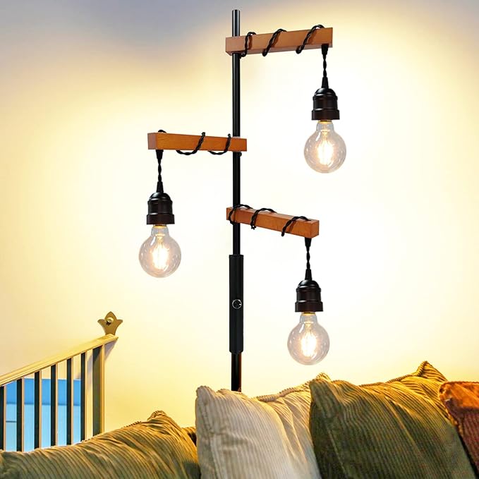 Dimmable Industrial Floor Lamp,Modern Farmhouse Tree Standing Lamp,68 Inch 3-Light Wood Tall Vintage Pole Lamps for Living Room Bedroom Office Rustic Home Decor - LeafyLoom