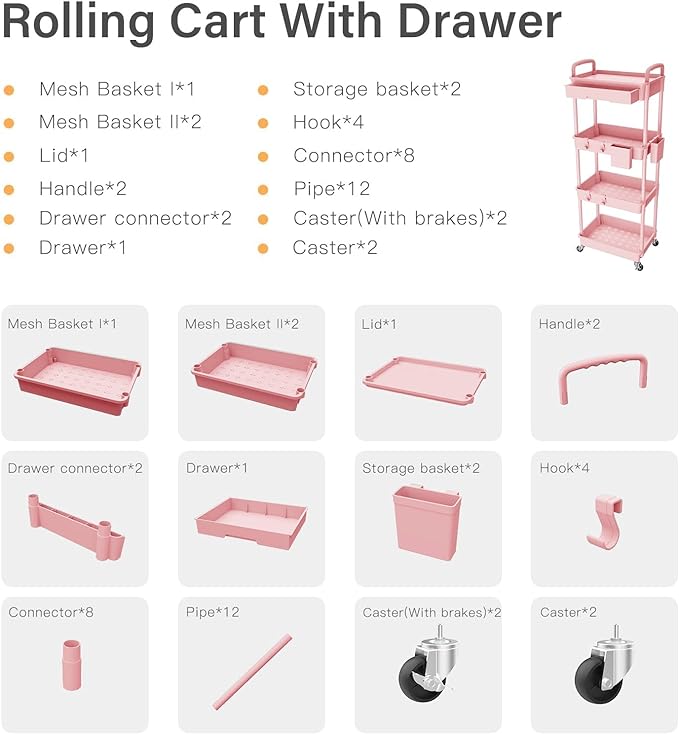 4 Tier Small Rolling Cart Organizer,Art Craft Diaper Bedside Snack Cart Laundry Room Bathroom Organizer Narrow Thin Slim Rolling Trolley Utility Cart with Wheels for Kitchen,Office(Pink) - LeafyLoom