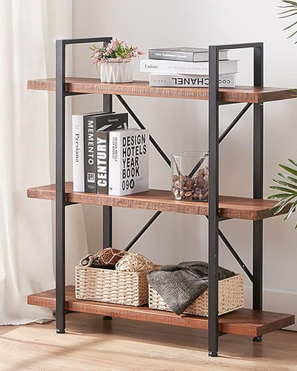 HSH Natural Real Wood Bookshelf, 3 Tier Rustic Vintage Industrial Etagere Bookcase, Open Metal Farmhouse Solid Wooden Book Shelf, Distressed Brown - LeafyLoom