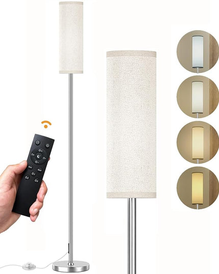 Floor Lamp for Living Room Bedroom, Modern Floor Lamp with Remote,Stepless Dimmable 12W Bulb Included,Nickel Pole and Beige Linen lampshade - LeafyLoom