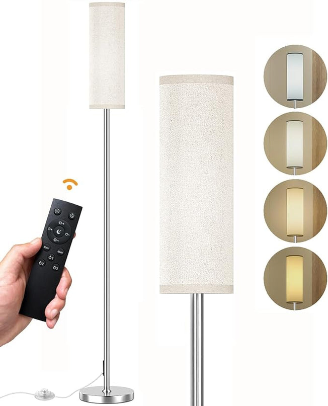 Floor Lamp for Living Room Bedroom, Modern Floor Lamp with Remote,Stepless Dimmable 12W Bulb Included,Nickel Pole and Beige Linen lampshade - LeafyLoom