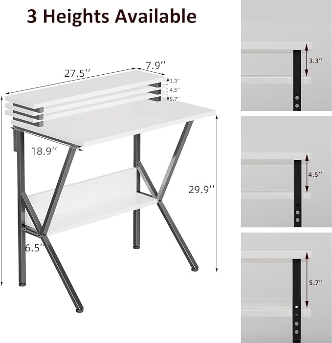 COTUBLR Small Desk, 27.5 Inch Small Computer Desk for Small Spaces, Computer Desk with Adjustable Monitor Stand, Compact Desk with Storage, Tiny Desk Study Desk for Bedroom Home Office, White - LeafyLoom