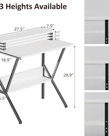COTUBLR Small Desk, Small Computer Desk for Small Spaces, 27.5 Inch Computer Desk with Adjustable Monitor Stand, Compact Desk with Storage for Bedroom Home Office, White Tabletop+Black Frame - LeafyLoom