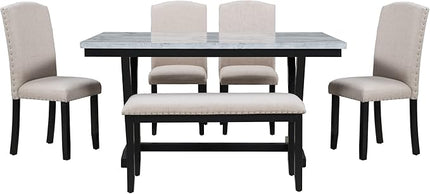 Modern Dining Table Set for 6 with 4 Chairs & 1 Bench,Marbled Veneers Tabletop for Kitchen Furniture, White - LeafyLoom