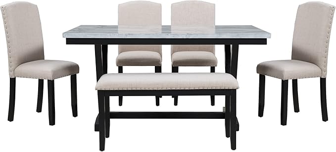Modern Dining Table Set for 6 with 4 Chairs & 1 Bench,Marbled Veneers Tabletop for Kitchen Furniture, White - LeafyLoom