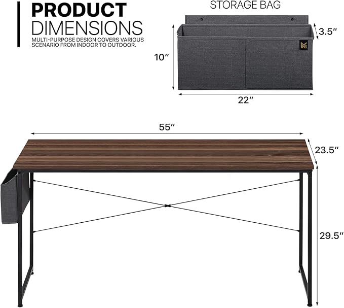 MoNiBloom 55 Inches Large Computer Desk with Storage Bag, Study Work Writing Table w/Metal Frame for Home Office, Walnut Color - LeafyLoom