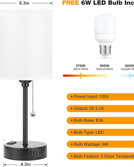 Small Bedroom Lamps with USB C and A Ports 3 Color Temperatures - 2700K 3500K 5000K Pull Chain White Nightstand Bedside Table Lamps with AC Outlet, Metal Base for Kids Reading - LeafyLoom