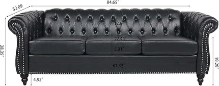 3-Seaters Living Room Clasic Chesterfield Sofa Couch Button Tufted PU Leather Upholstered Sofa&Couch with Luxury Roller Armrest Soild Wood Legs Movable Cushions & Nailhead Decor - LeafyLoom