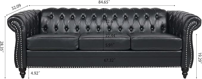 3-Seaters Living Room Clasic Chesterfield Sofa Couch Button Tufted PU Leather Upholstered Sofa&Couch with Luxury Roller Armrest Soild Wood Legs Movable Cushions & Nailhead Decor - LeafyLoom