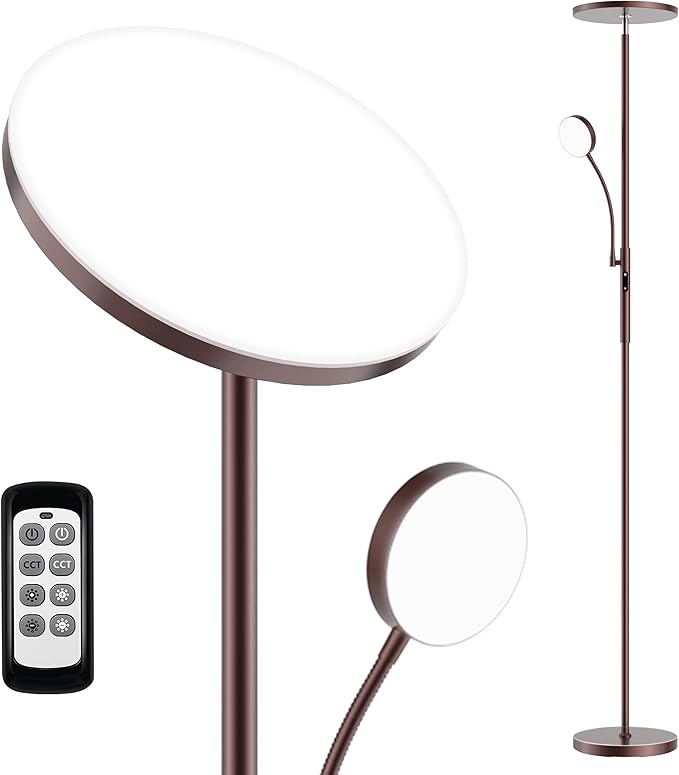 Dimunt LED Floor Lamp, Modern Floor Lamps for Living Room Bright Lighting, 27W/2000LM Dimmable Standing Lamp with Reading Light, Remote & Touch Control, Tall Lamp for Bedroom Office- Brown - LeafyLoom