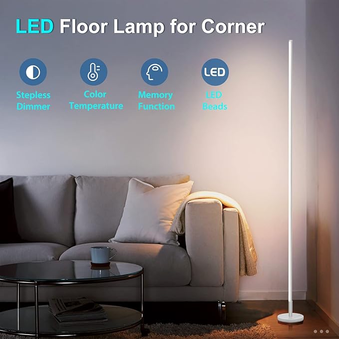 Modern Corner Floor Lamp - 3000K-6000K LED Standing Lamp - Minimalist Dimmable Floor Lamp with Remote Control for Living Room, Bedroom (White) - LeafyLoom