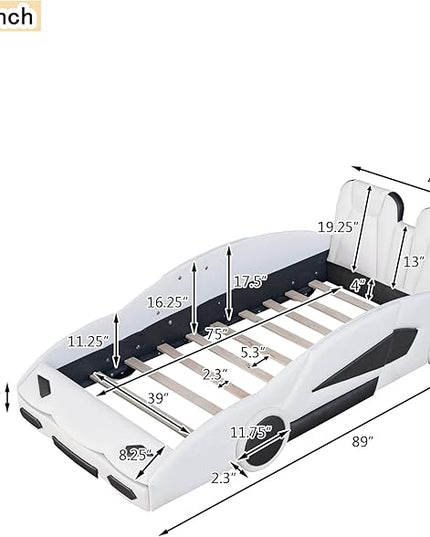 Twin Size Race Car Bed, PU Car-Shaped Bedframe with Wheels and Guardrails for Kids,Boys,Wood Slat Support, No Box Spring Needed,White - LeafyLoom