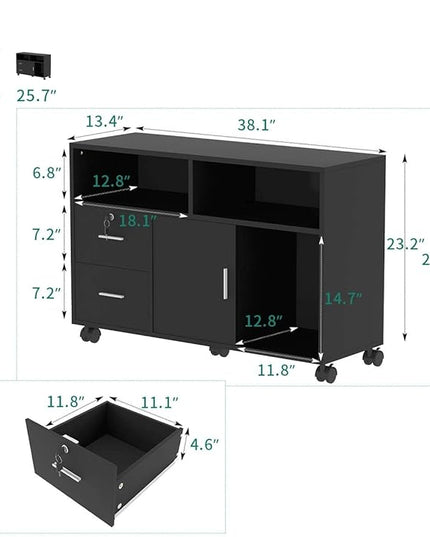 YITAHOME Wood File Cabinet, 2 Drawer Mobile Lateral Storage Cabinet Printer Stand with Lock and Open Storage Shelves for Home Office, Black,Drawers without Hanging Bars - LeafyLoom