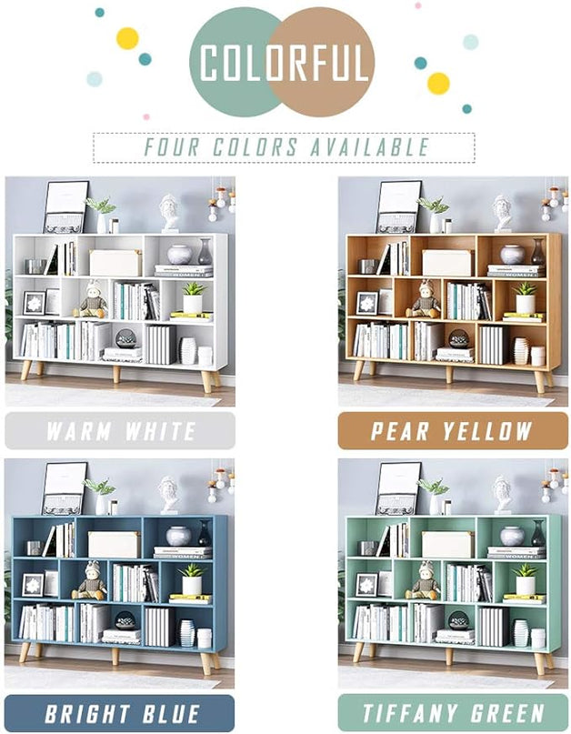 IOTXY Wooden Open Shelf Bookcase - 3-Tier Floor Standing Display Cabinet Rack with Legs, 10 Cubes Bookshelf, Warm White - LeafyLoom