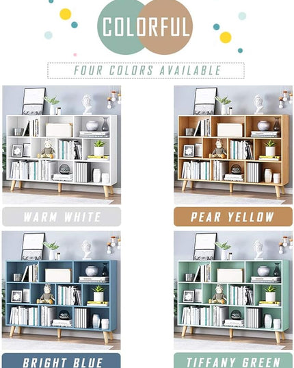 IOTXY Wooden Open Shelf Bookcase - 3-Tier Floor Standing Display Cabinet Rack with Legs, 10 Cubes Bookshelf, Pear Yellow - LeafyLoom