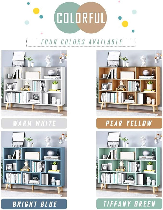 IOTXY Wooden Open Shelf Bookcase - 3-Tier Floor Standing Display Cabinet Rack with Legs, 10 Cubes Bookshelf, Pear Yellow - LeafyLoom