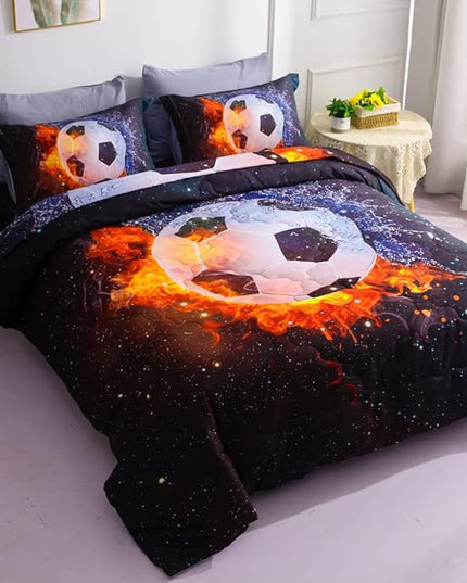 Wajade Football Soccer Comforter Set Bed in A Bag Queen Size 3D Galaxy Soccer Ball Sports Bedding Set for Boys Kids (1 Comforter, 1 Flat Sheet, 1 Fitted Sheet, 2 Pillowcase and 2 Pillow Sham) - LeafyLoom