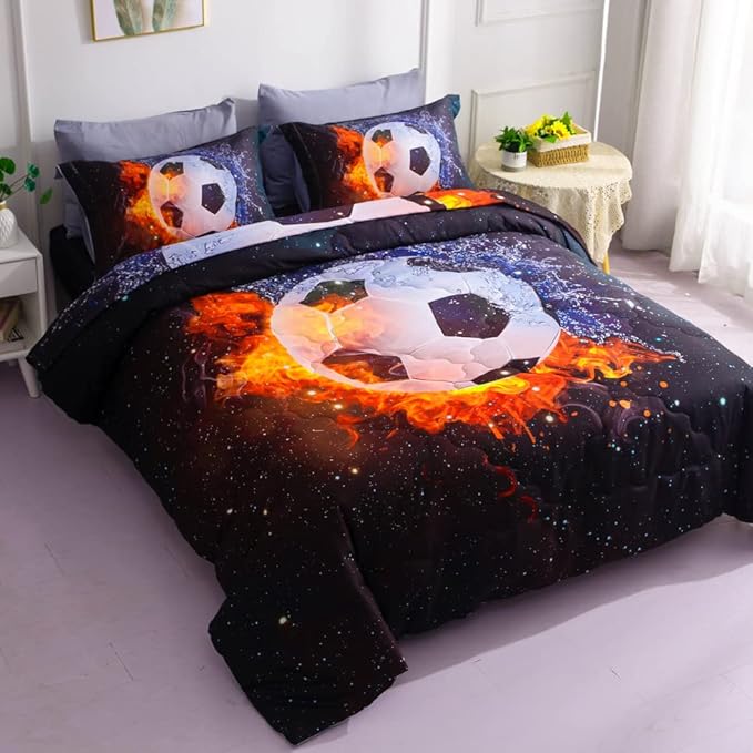 Wajade Football Soccer Comforter Set Bed in A Bag Queen Size 3D Galaxy Soccer Ball Sports Bedding Set for Boys Kids (1 Comforter, 1 Flat Sheet, 1 Fitted Sheet, 2 Pillowcase and 2 Pillow Sham) - LeafyLoom