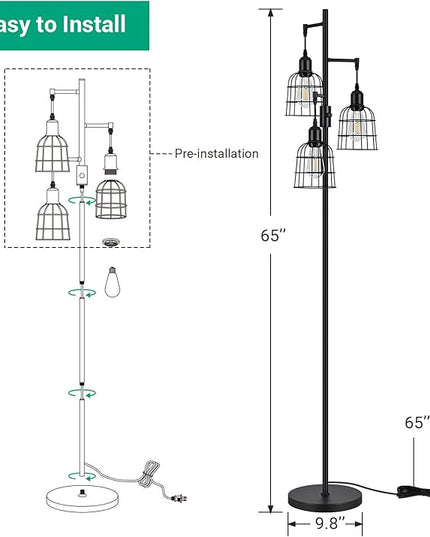 EDISHINE Farmhouse Dimmable Floor Lamp, 3 LED Edison Bulbs Included, Industrial Tree Standing Lamp for Living Room, 3 Metal Birdcage Lampshade, Rustic Tall Corner Lights for Bedroom, Family Room - LeafyLoom