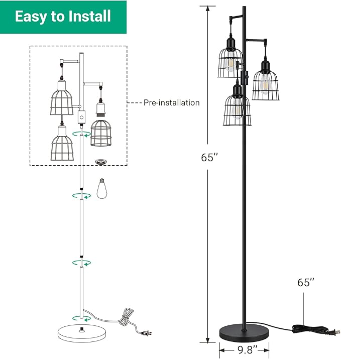 EDISHINE Farmhouse Dimmable Floor Lamp, 3 LED Edison Bulbs Included, Industrial Tree Standing Lamp for Living Room, 3 Metal Birdcage Lampshade, Rustic Tall Corner Lights for Bedroom, Family Room - LeafyLoom