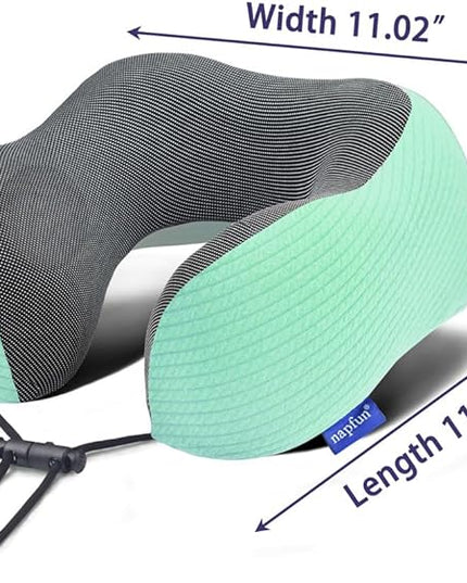 napfun Neck Pillow for Traveling, Upgraded Travel Neck Pillow for Airplane 100% Pure Memory Foam Travel Pillow for Flight Headrest Sleep, Portable Plane Accessories, Striped Turquoise - LeafyLoom