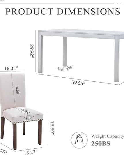 COLAMY 7-Piece Dining Table Set for 6, 60" Kitchen Wood Table with 6 Nailhead Dining Room Chairs, White/Beige - LeafyLoom