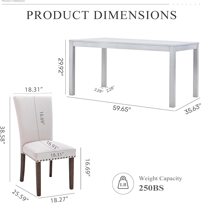 COLAMY 7-Piece Dining Table Set for 6, 60" Kitchen Wood Table with 6 Nailhead Dining Room Chairs, White/Beige - LeafyLoom